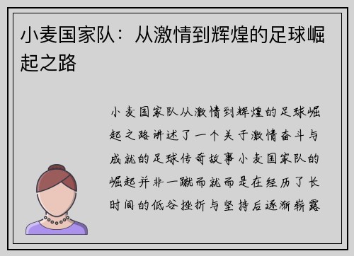 小麦国家队：从激情到辉煌的足球崛起之路